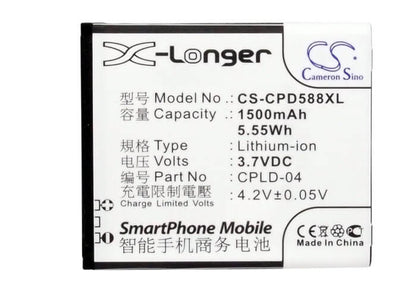 3.7V, 1500mAh, Li-ion Battery fits Coolpad, 5880, 5.55Wh