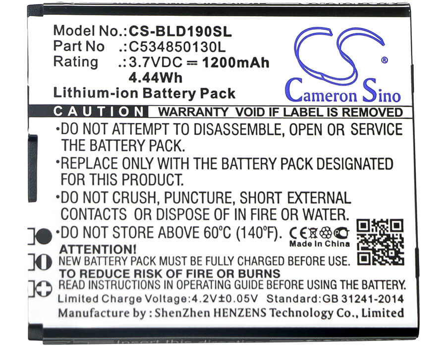 3.7V, 1200mAh, Li-ion Battery fits Blu, D190, Dash Jr 3g, 4.44Wh