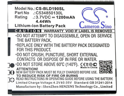 3.7V, 1200mAh, Li-ion Battery fits Blu, D190, Dash Jr 3g, 4.44Wh