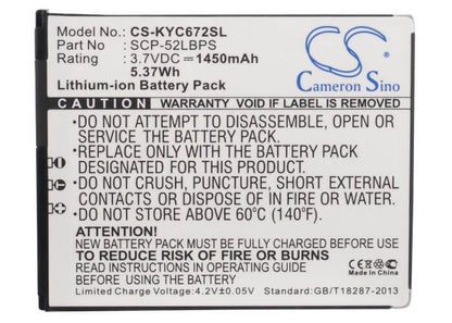 3.7V, 1450mAh, Li-ion Battery fits Kyocera, C6522, C6522n, 5.365Wh