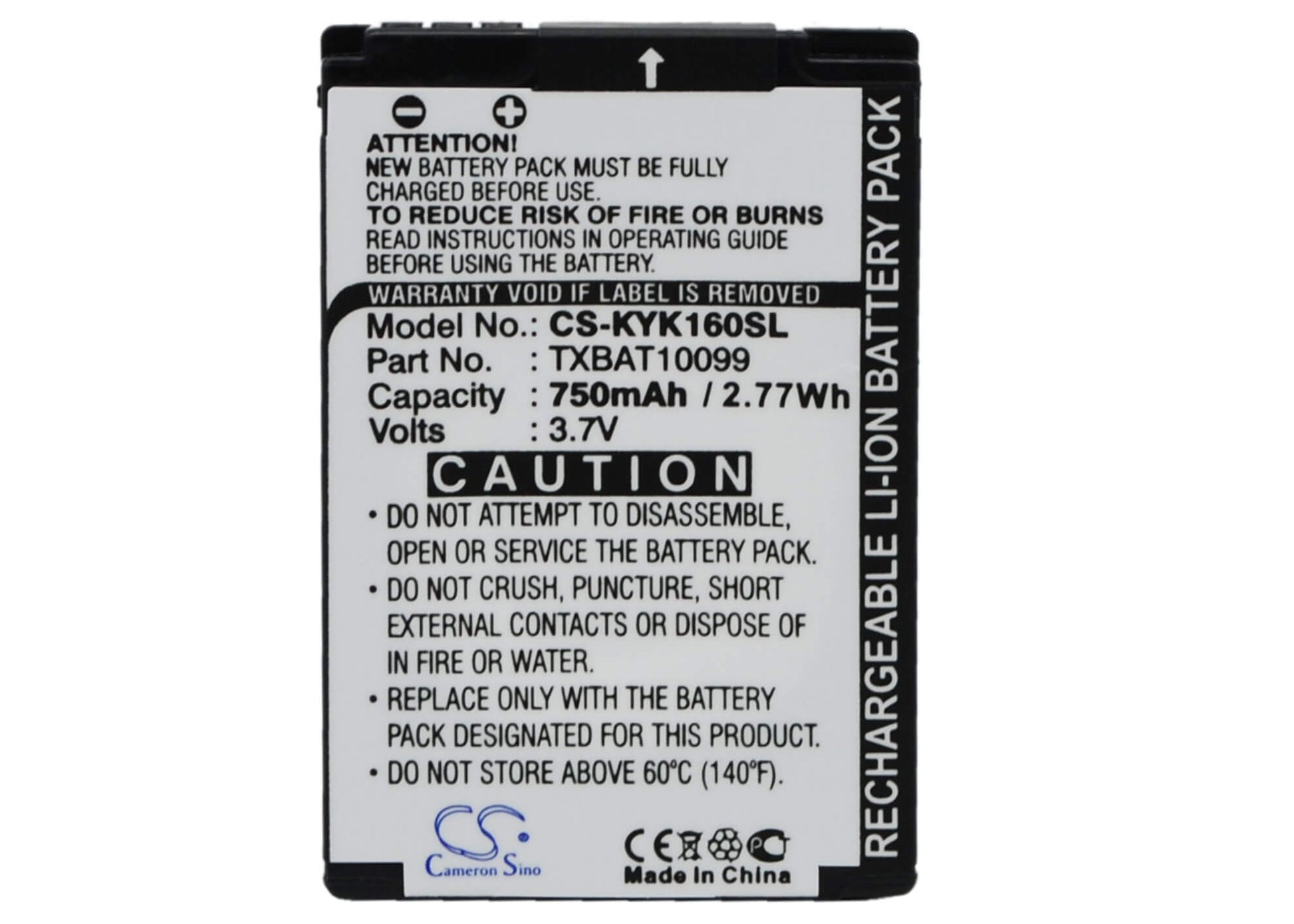 3.7V, 750mAh, Li-ion Battery fits Kyocera, Candid Kx16, Dorado Kx12, 2.775Wh