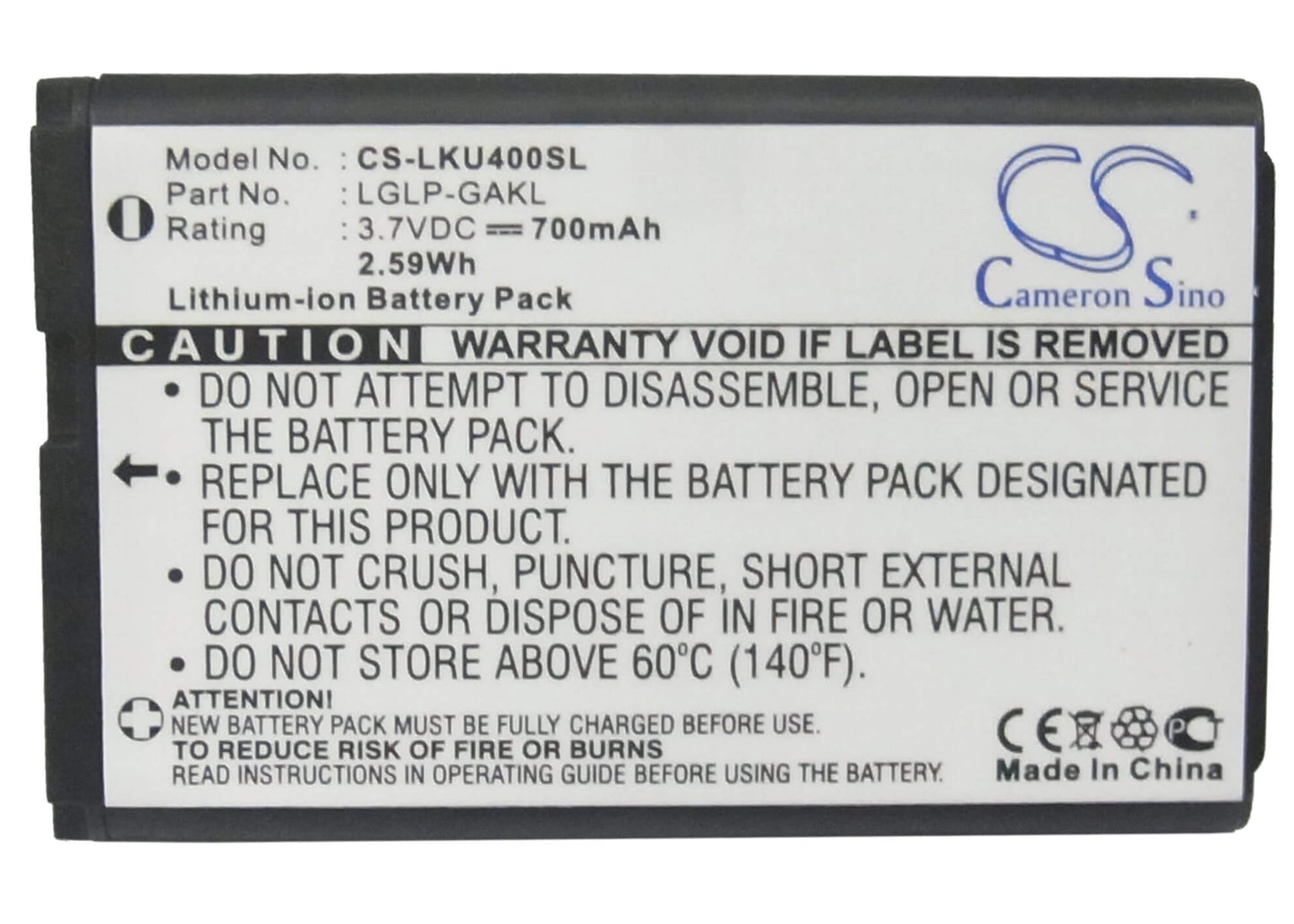 3.7V, 700mAh, Li-ion Battery fits Lg, U400, 2.59Wh
