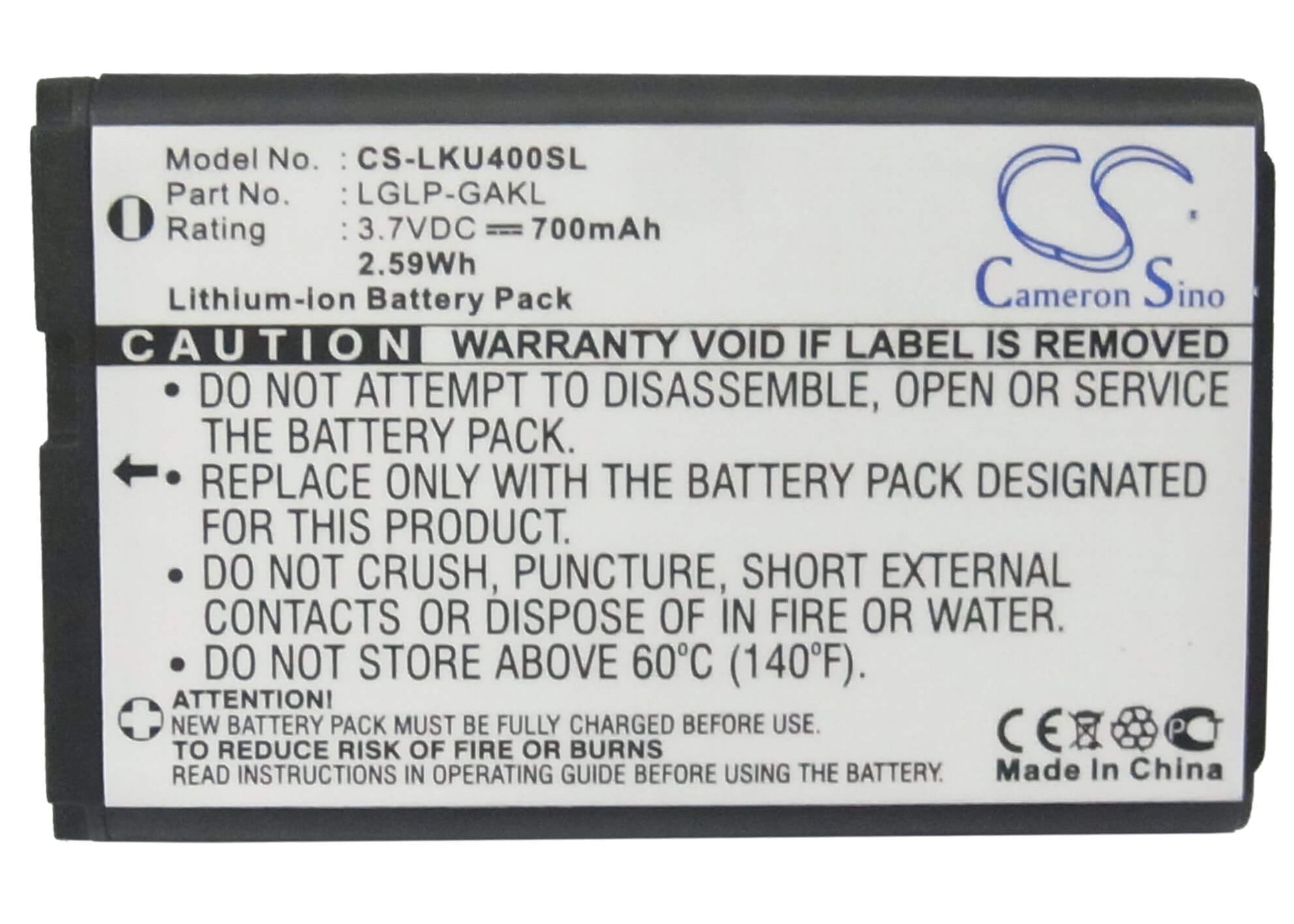 3.7V, 700mAh, Li-ion Battery fits Lg, U400, 2.59Wh
