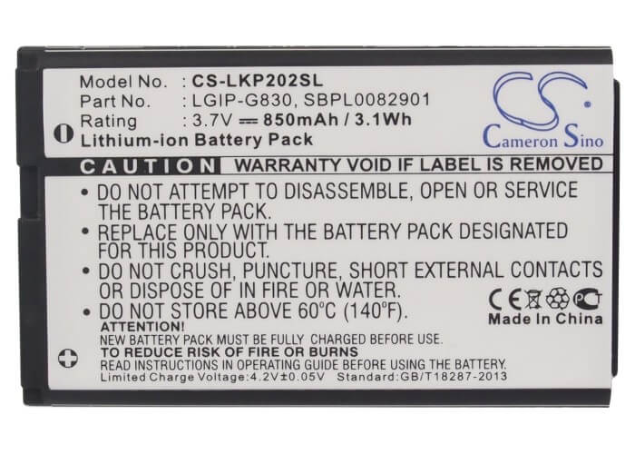 3.7V, 850mAh, Li-ion Battery fits Lg, Kg120, Kg202, 3.145Wh