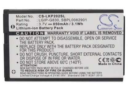 3.7V, 850mAh, Li-ion Battery fits Lg, Kg120, Kg202, 3.145Wh