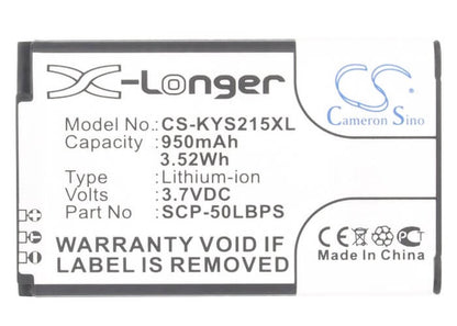 3.7V, 950mAh, Li-ion Battery fits Kyocera, C2150, Coast S2151, 3.515Wh