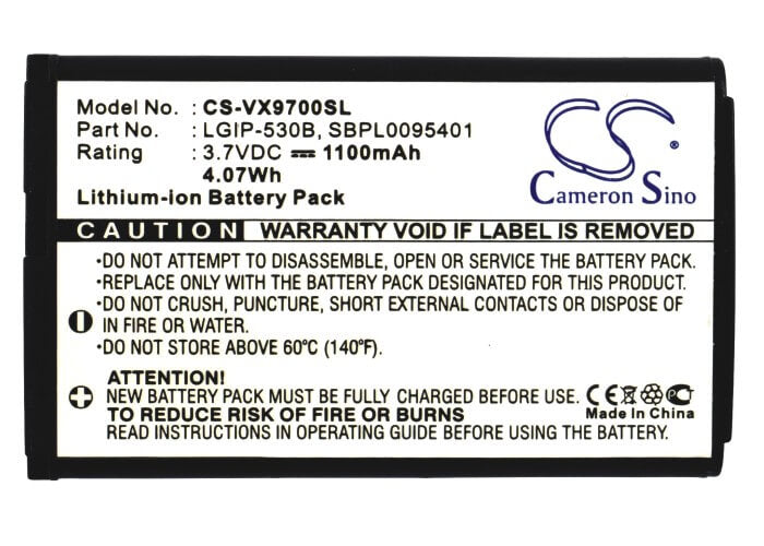 3.7V, 1100mAh, Li-ion Battery fits Lg, Versa Vx9600, Vx9600, 4.07Wh