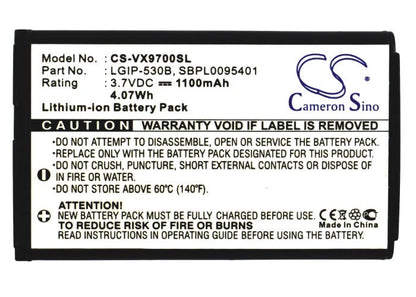 3.7V, 1100mAh, Li-ion Battery fits Lg, Versa Vx9600, Vx9600, 4.07Wh