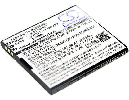 3.7V, 1400mAh, Li-ion Battery fits Blu, D250, Dash L2, 5.18Wh