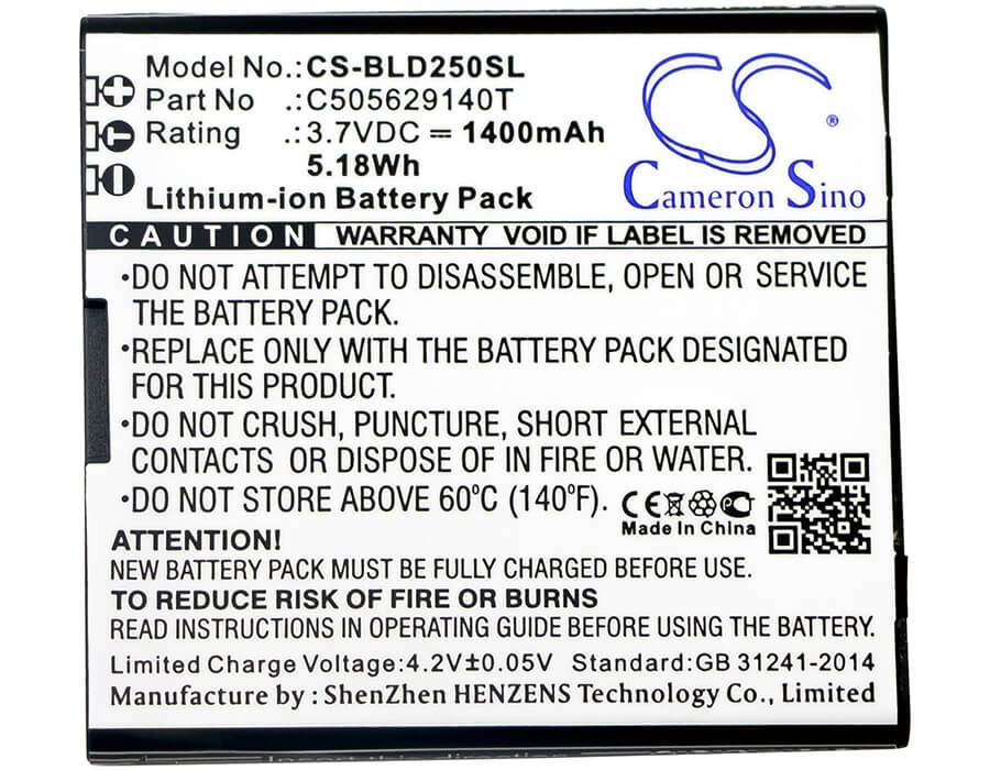 3.7V, 1400mAh, Li-ion Battery fits Blu, D250, Dash L2, 5.18Wh