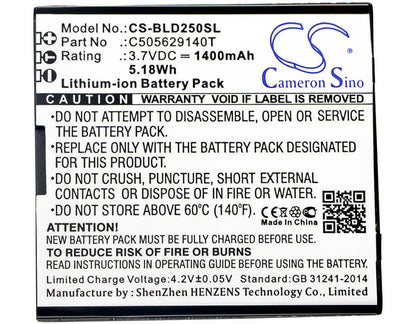3.7V, 1400mAh, Li-ion Battery fits Blu, D250, Dash L2, 5.18Wh