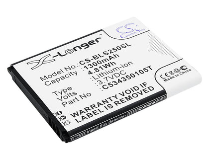 3.7V, 1300mAh, Li-ion Battery fits Blu, Hero Jr, S250, 4.81Wh