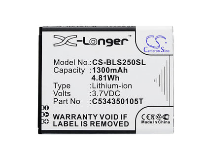 3.7V, 1300mAh, Li-ion Battery fits Blu, Hero Jr, S250, 4.81Wh
