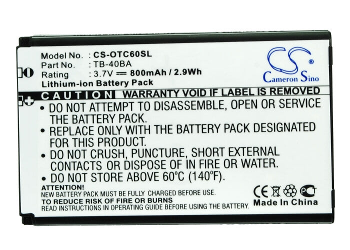 CS-OTC60SL, Mobile, Smartphone 3.7V, 800mAh, Li-ion Battery fits Tcl, E330, T36, 2.96Wh