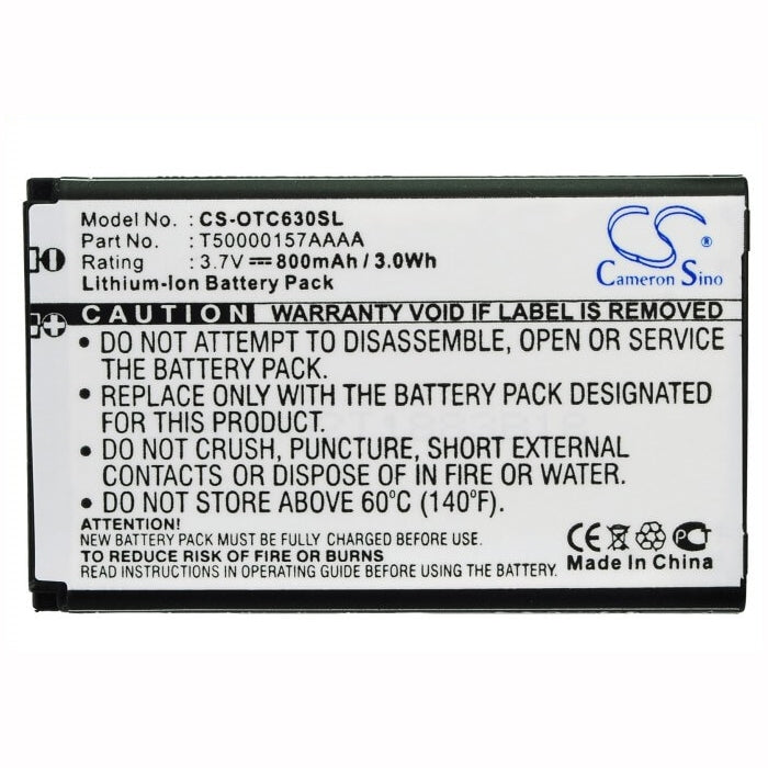 3.7V, 800mAh, Li-ion Battery fits Alcatel, Mandarina Duck, One Touch C630, 2.96Wh