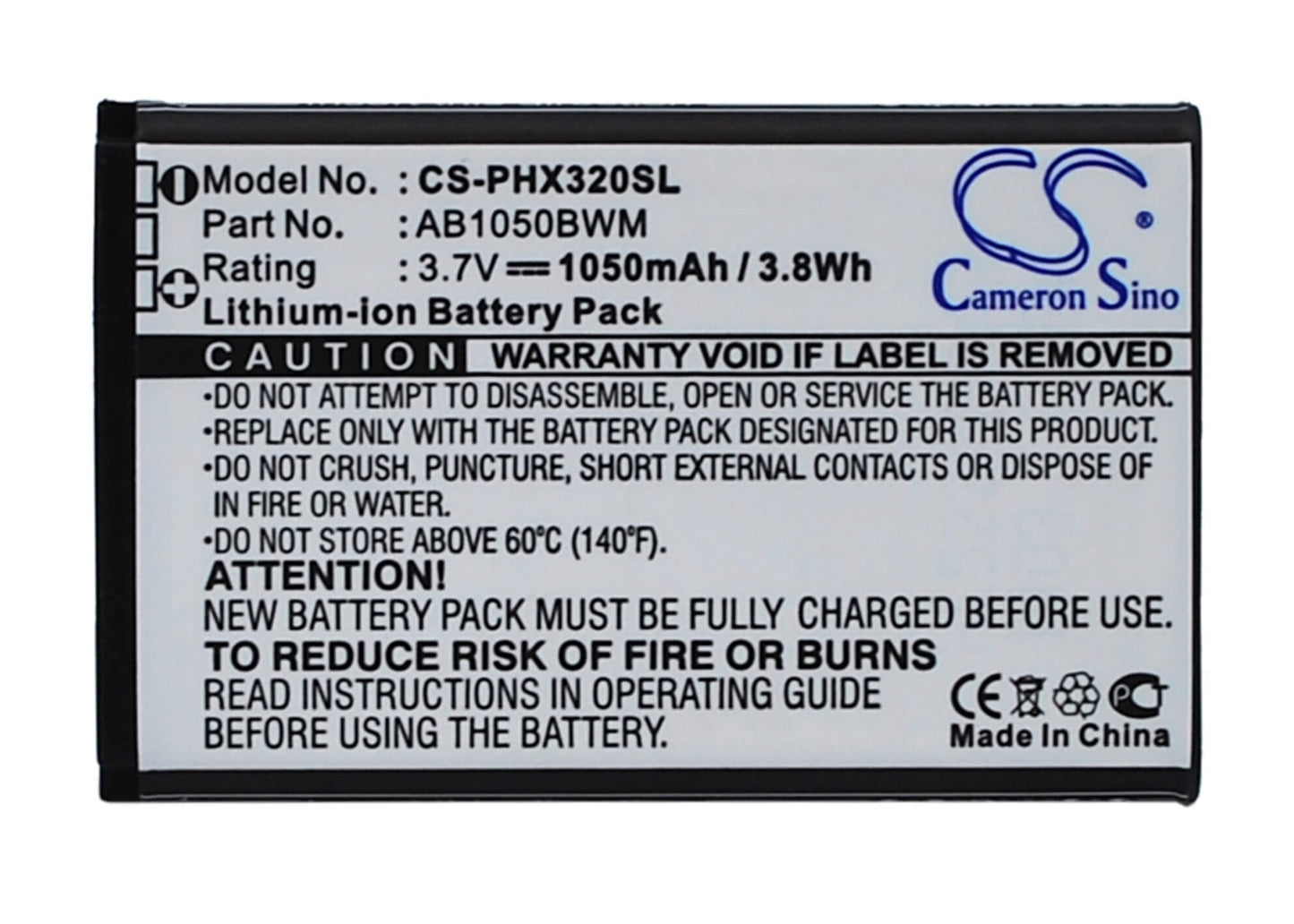 3.7V, 1050mAh, Li-ion Battery fits Philips, Xenium 312, Xenium 320, 3.885Wh