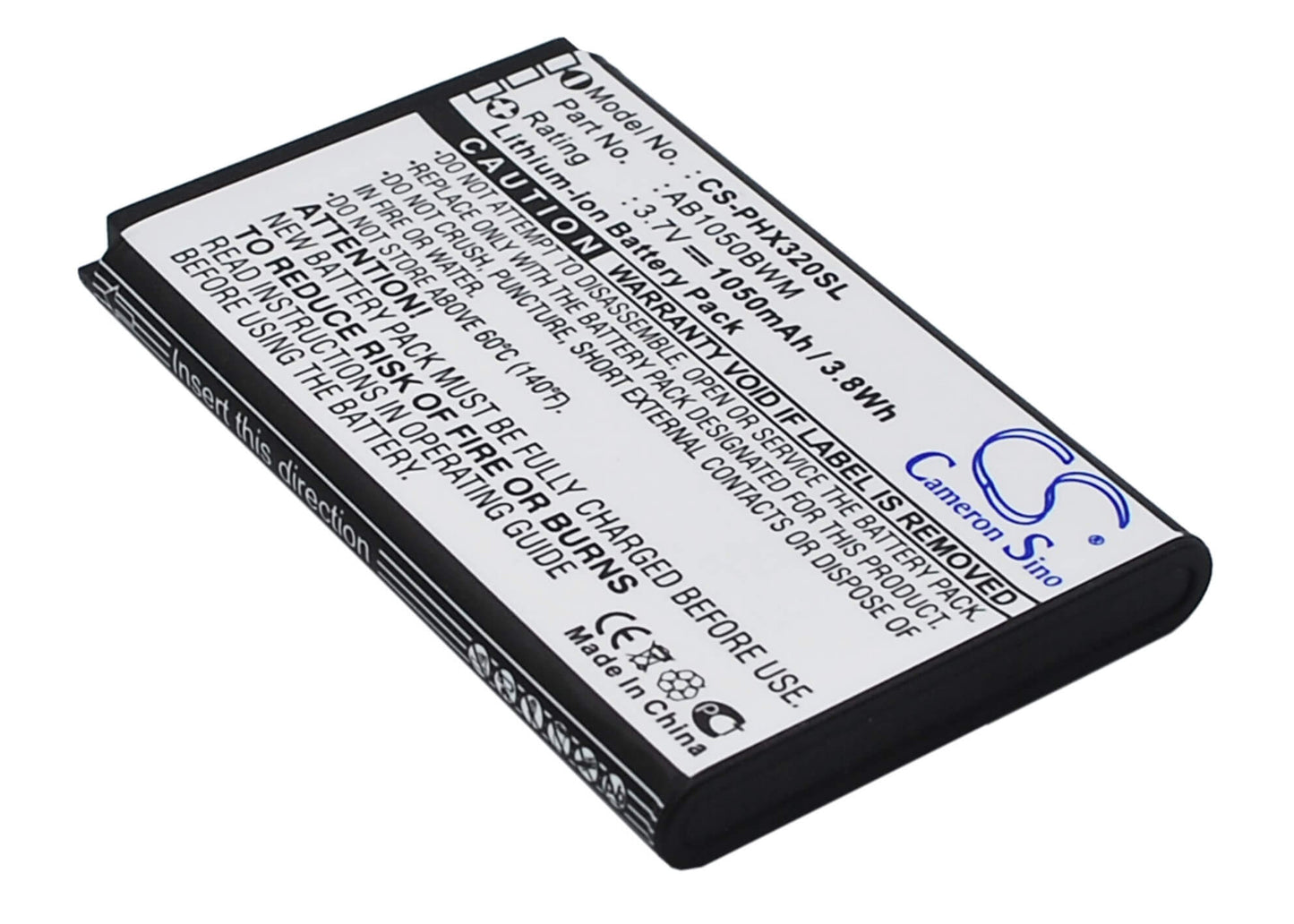 3.7V, 1050mAh, Li-ion Battery fits Philips, Xenium 312, Xenium 320, 3.885Wh