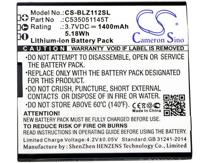 3.7V, 1400mAh, Li-ion Battery fits Blu, Yezz, Yz1120, 5.18Wh
