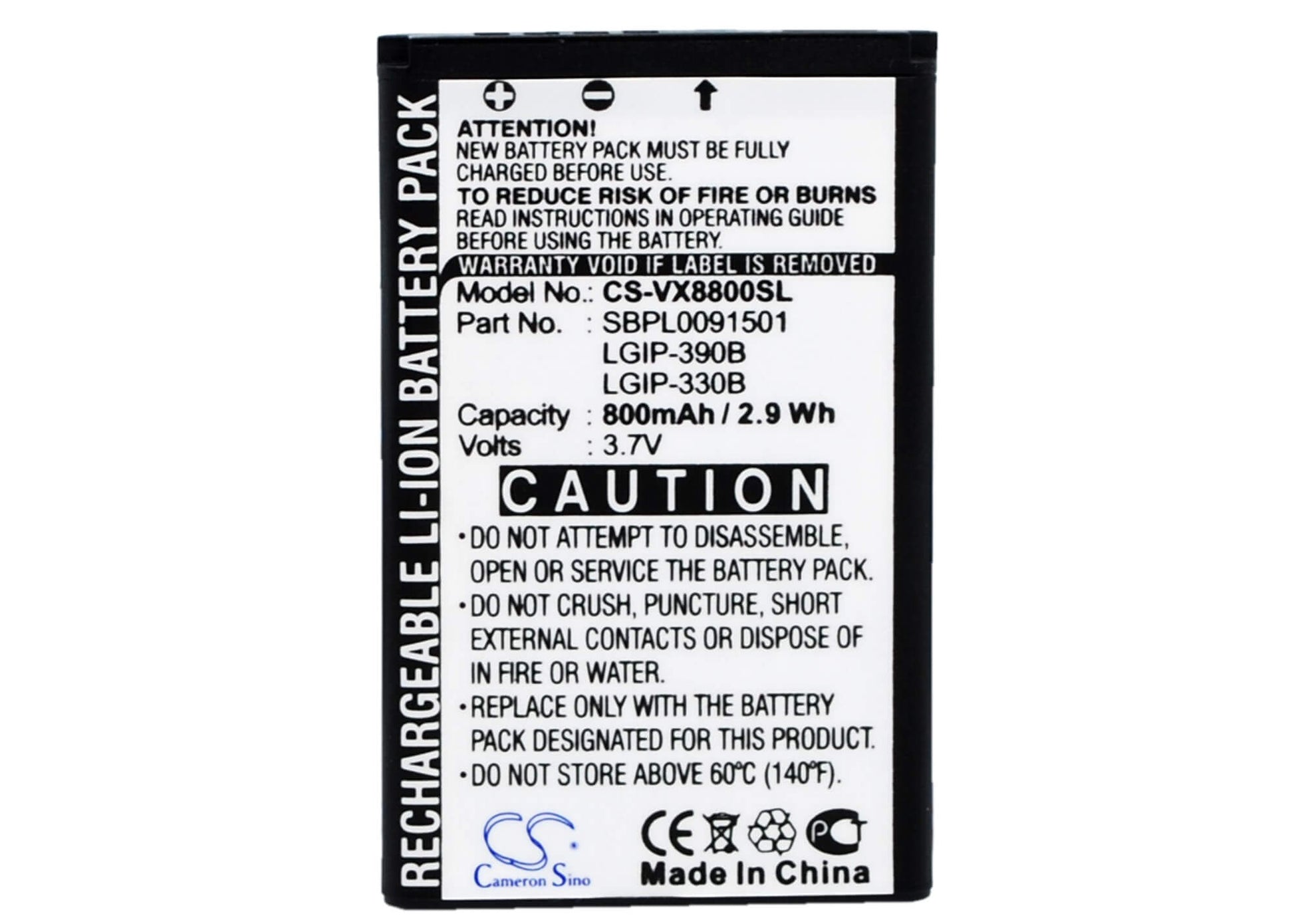 3.7V, 800mAh, Li-ion Battery fits Lg, Vx8800, Vx8800 Venus, 2.96Wh