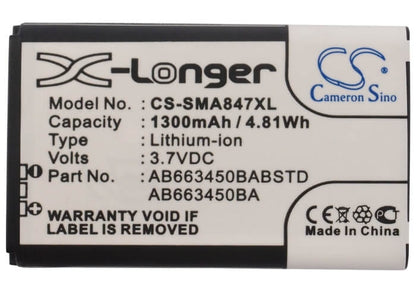 3.7V, 1300mAh, Li-ion Battery fits Samsung, Rugby Ii, Rugby Ii A847, 4.81Wh
