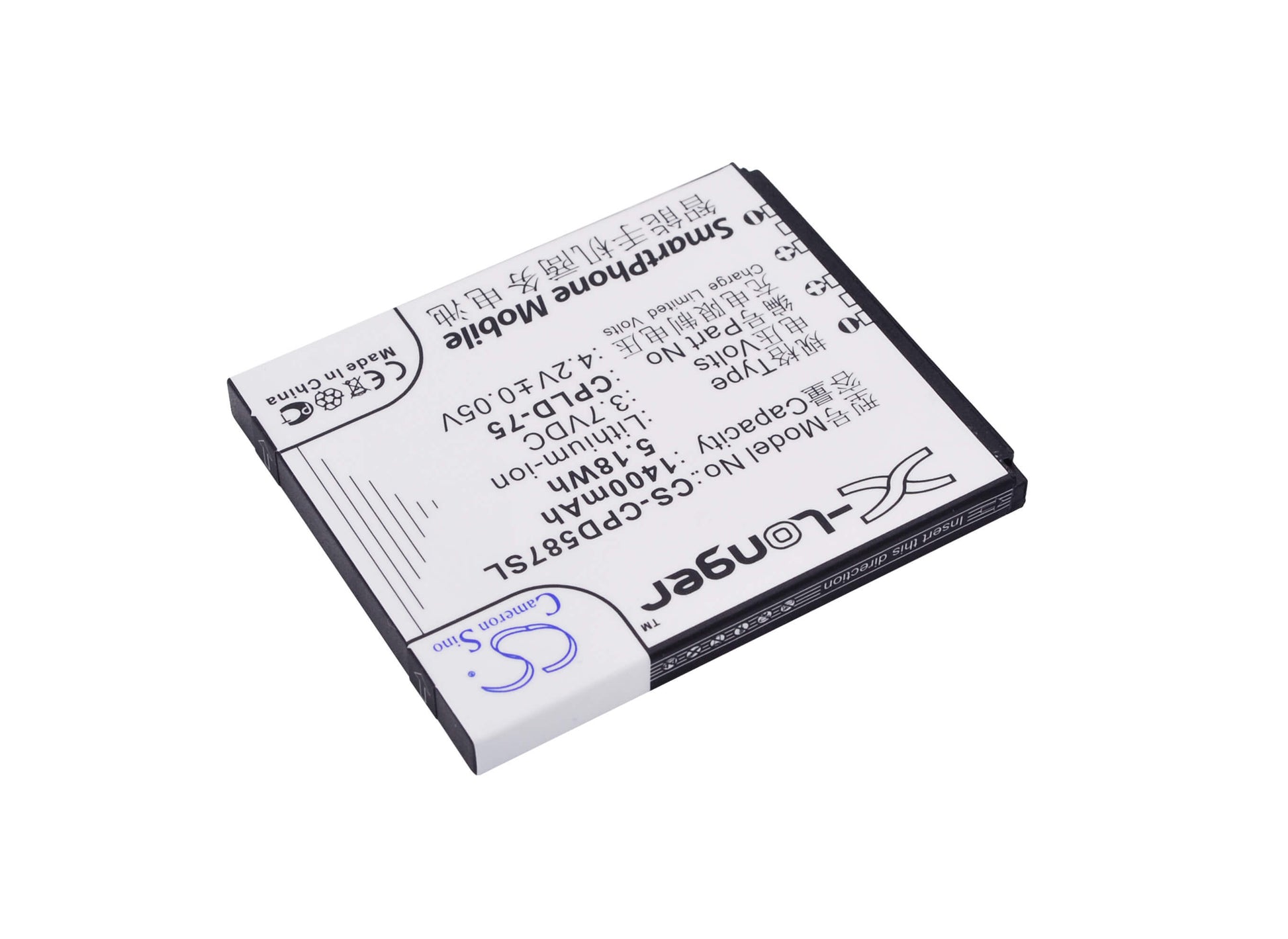 3.7V, 1400mAh, Li-ion Battery fits Coolpad, 5870, 7260, 5.18Wh