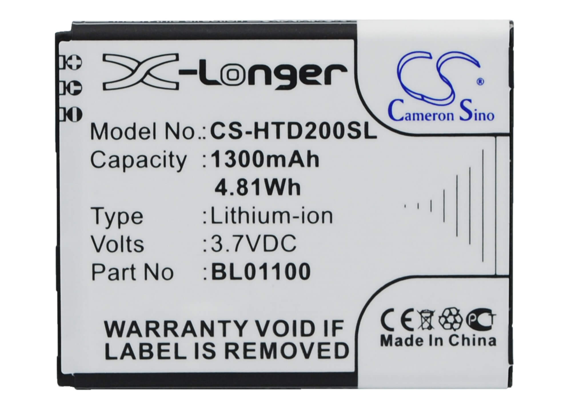 3.7V, 1300mAh, Li-ion Battery fits Htc, A320e, Desire 200, 4.81Wh