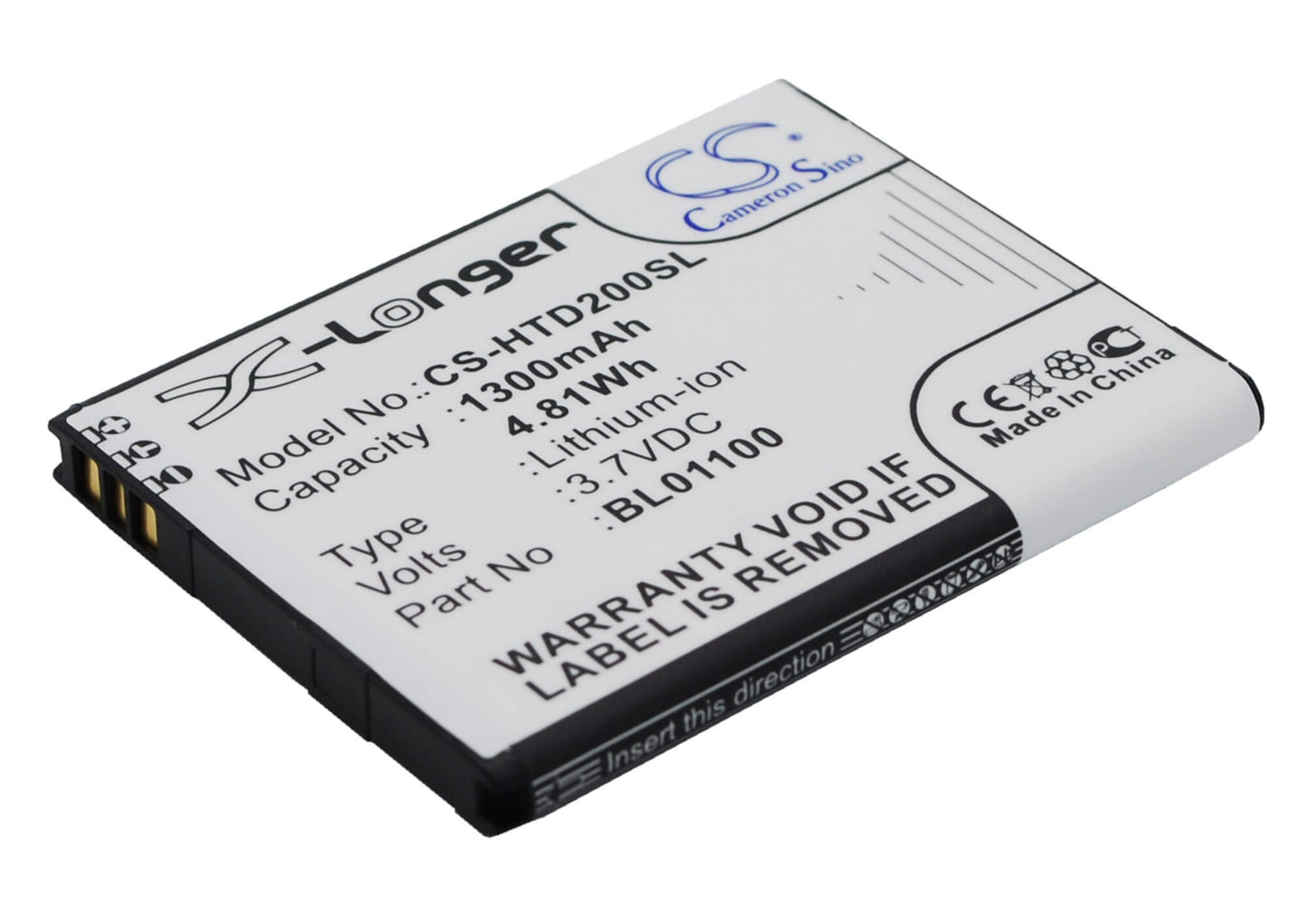 3.7V, 1300mAh, Li-ion Battery fits Htc, A320e, Desire 200, 4.81Wh