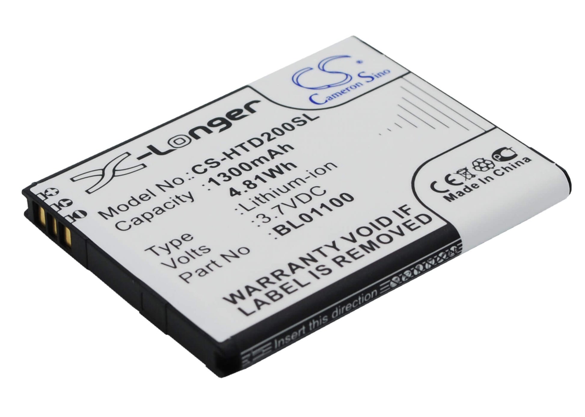 3.7V, 1300mAh, Li-ion Battery fits Htc, A320e, Desire 200, 4.81Wh