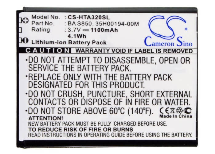 3.7V, 1100mAh, Li-ion Battery fits Htc, A320e, D210h, 4.07Wh