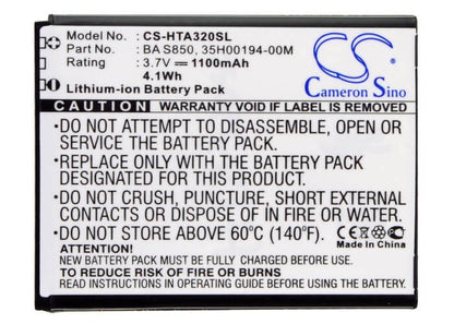 3.7V, 1100mAh, Li-ion Battery fits Htc, A320e, D210h, 4.07Wh