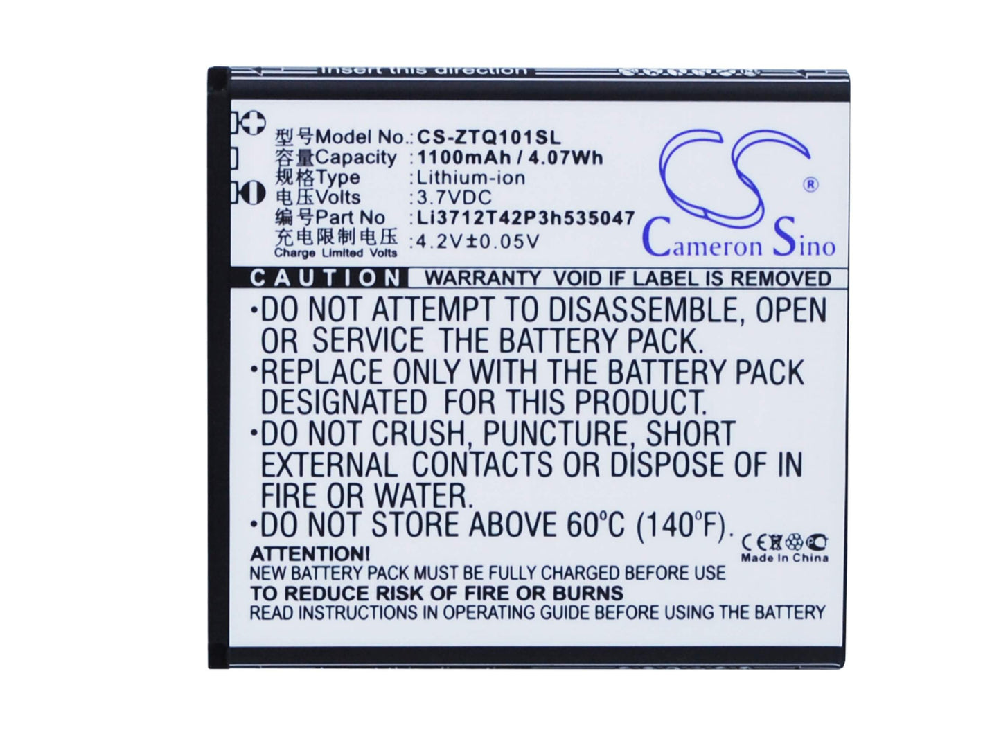 3.7V, 1100mAh, Li-ion Battery fits Zte, Q101t, 4.07Wh