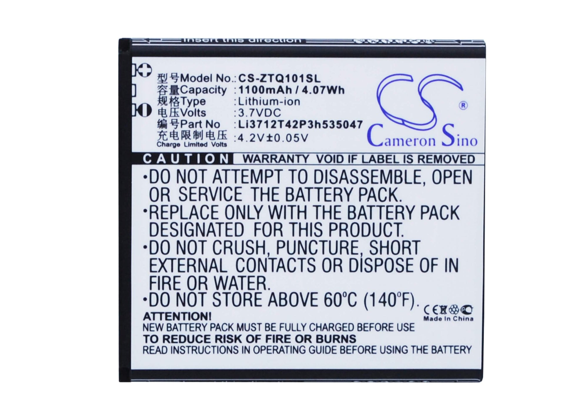 3.7V, 1100mAh, Li-ion Battery fits Zte, Q101t, 4.07Wh