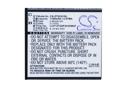 3.7V, 1100mAh, Li-ion Battery fits Zte, Q101t, 4.07Wh