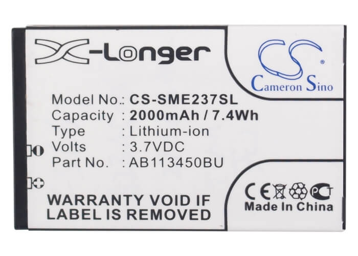 3.7V, 2000mAh, Li-ion Battery fits Samsung, E2370 Solid, Gt-e2370, 7.4Wh