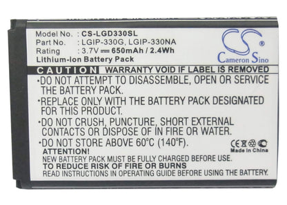 3.7V, 650mAh, Li-ion Battery fits Lg, Gb220, Gb230, 2.405Wh