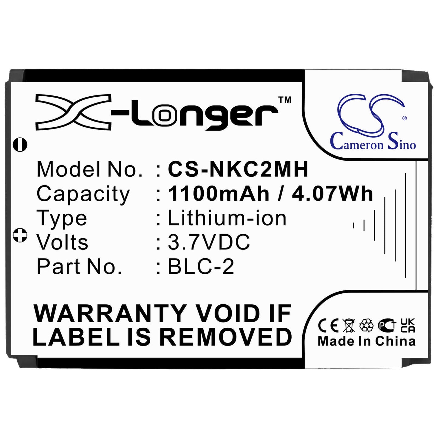 3.7V, 1100mAh, Li-ion Battery fits Nokia, 1220, 1221, 4.07Wh