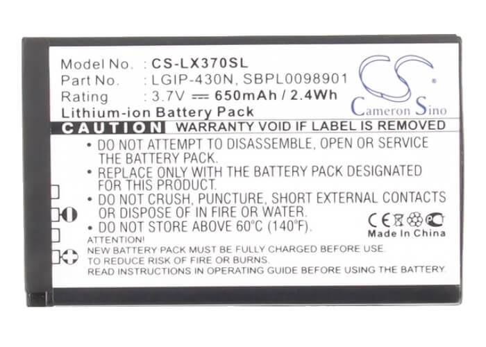 3.7V, 650mAh, Li-ion Battery fits Lg, 990g, C320, 2.405Wh