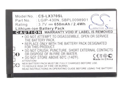 3.7V, 650mAh, Li-ion Battery fits Lg, 990g, C320, 2.405Wh