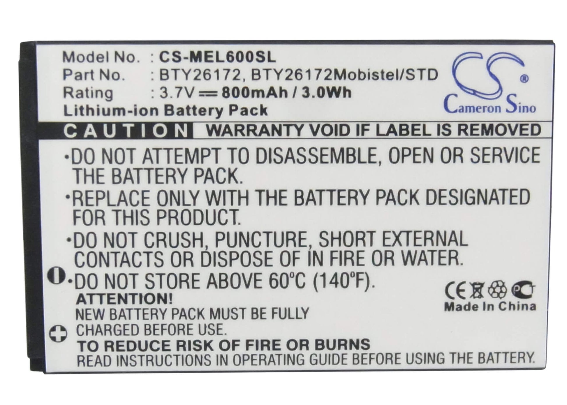 3.7V, 800mAh, Li-ion Battery fits Mobistel, El600, El600 Dual, 2.96Wh