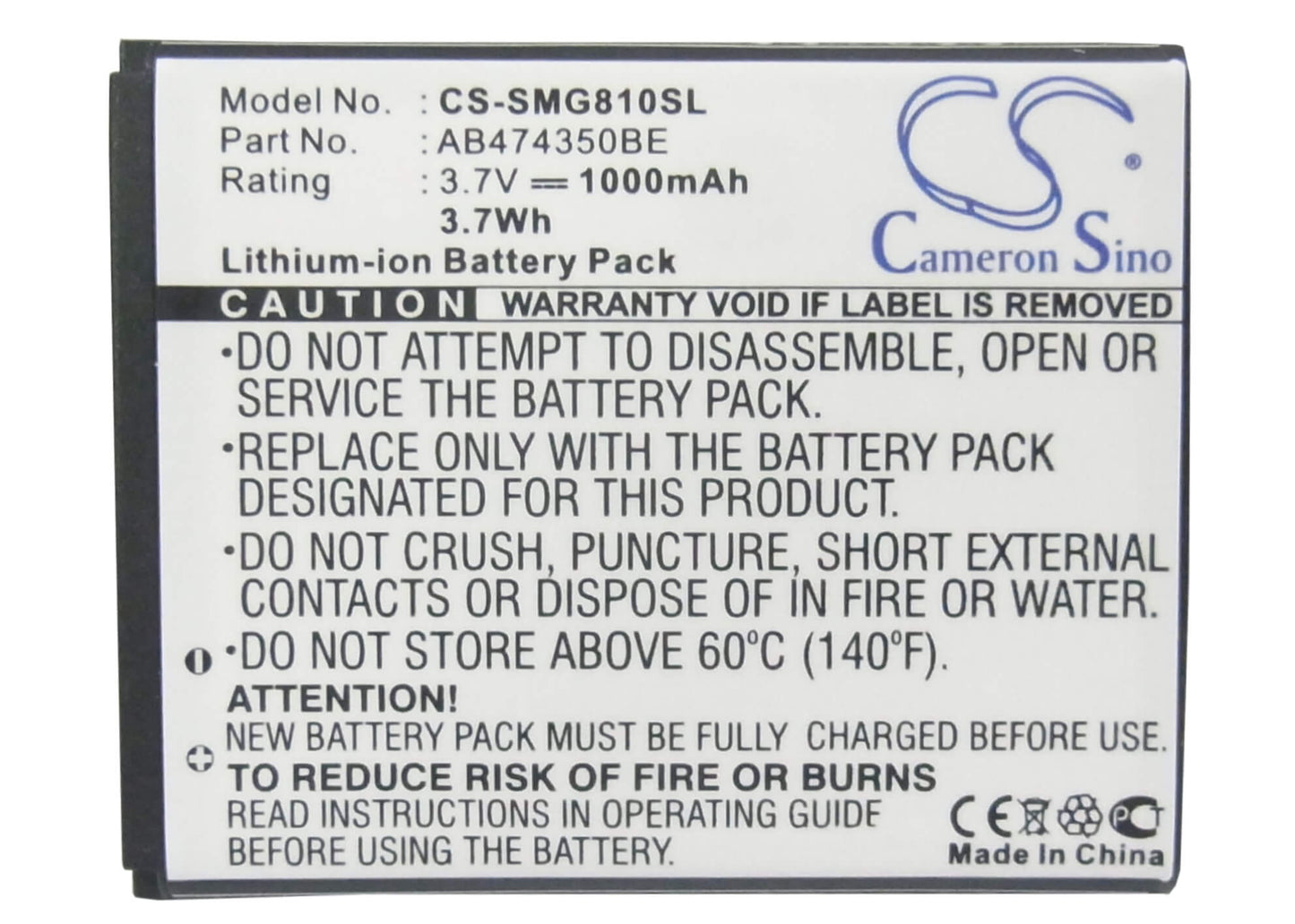 3.7V, 1000mAh, Li-ion Battery fits Samsung, B5722 Duos, Bt-b7732, 3.7Wh