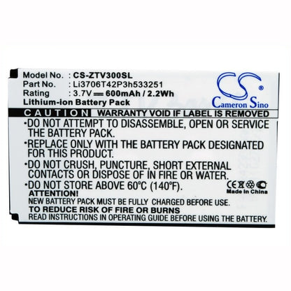 3.7V, 600mAh, Li-ion Battery fits Zte, V190, V260, 2.22Wh