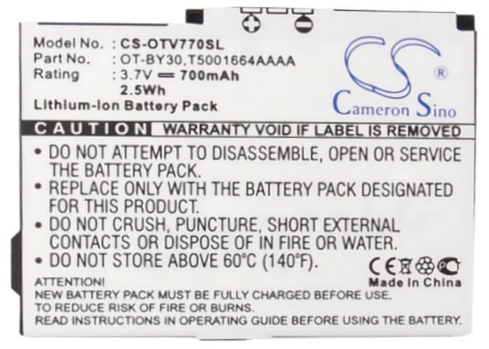 3.7V, 700mAh, Li-ion Battery fits Alcatel, One Touch V770, One Touch V770a, 2.59Wh