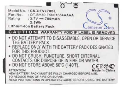 3.7V, 700mAh, Li-ion Battery fits Alcatel, One Touch V770, One Touch V770a, 2.59Wh