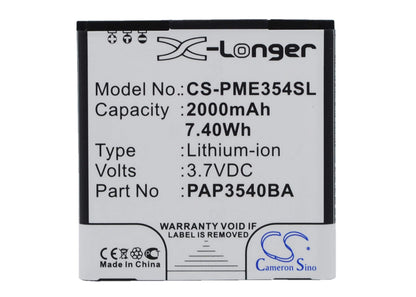 3.7V, 2000mAh, Li-ion Battery fits Prestigio, Multiphone 3540 Duo, 7.4Wh