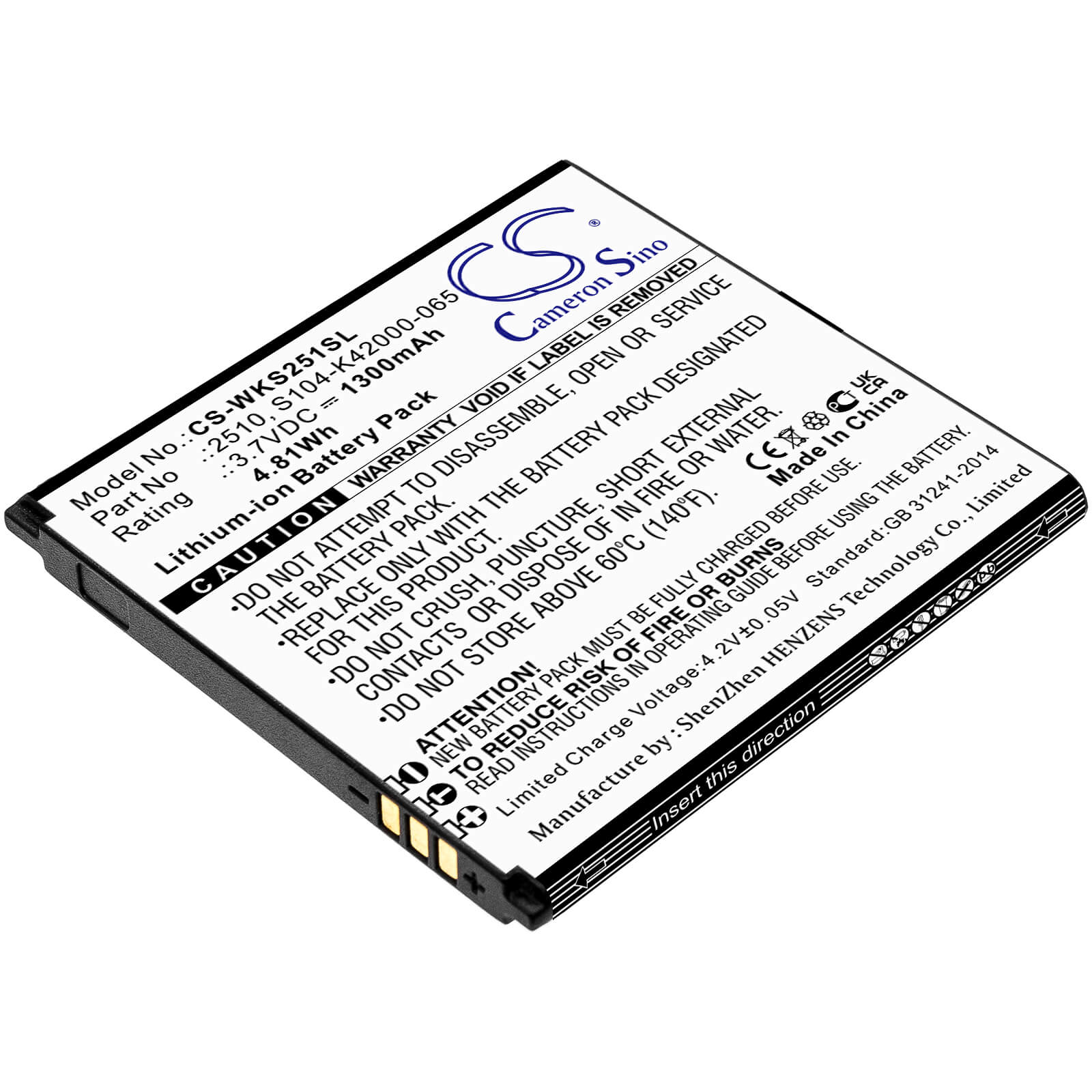 3.7V, 1300mAh, Li-ion Battery fits Wiko, Sunny 2, V2510, 4.81Wh