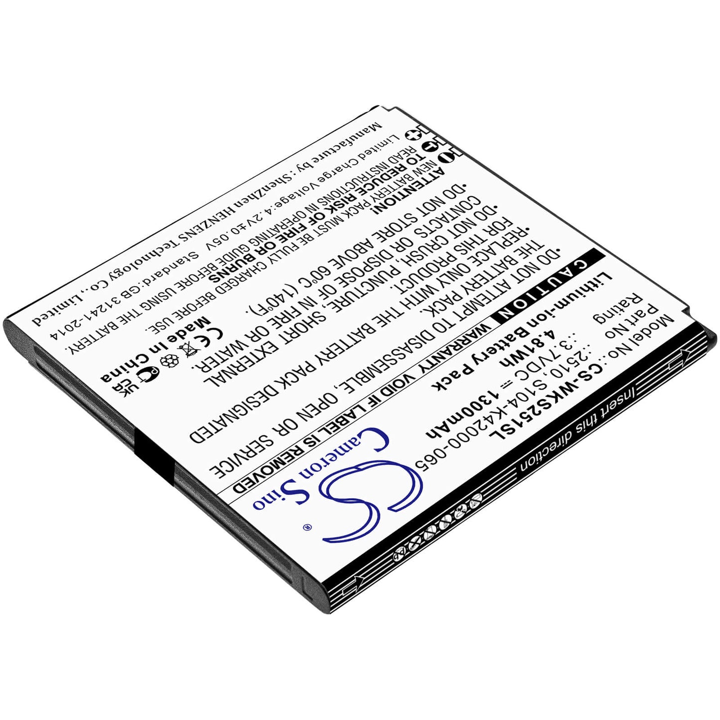 3.7V, 1300mAh, Li-ion Battery fits Wiko, Sunny 2, V2510, 4.81Wh