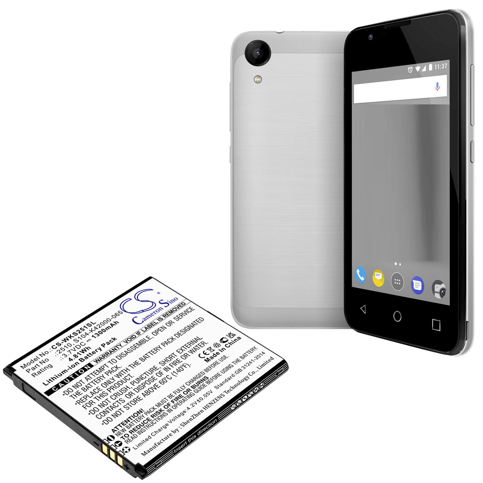 3.7V, 1300mAh, Li-ion Battery fits Wiko, Sunny 2, V2510, 4.81Wh