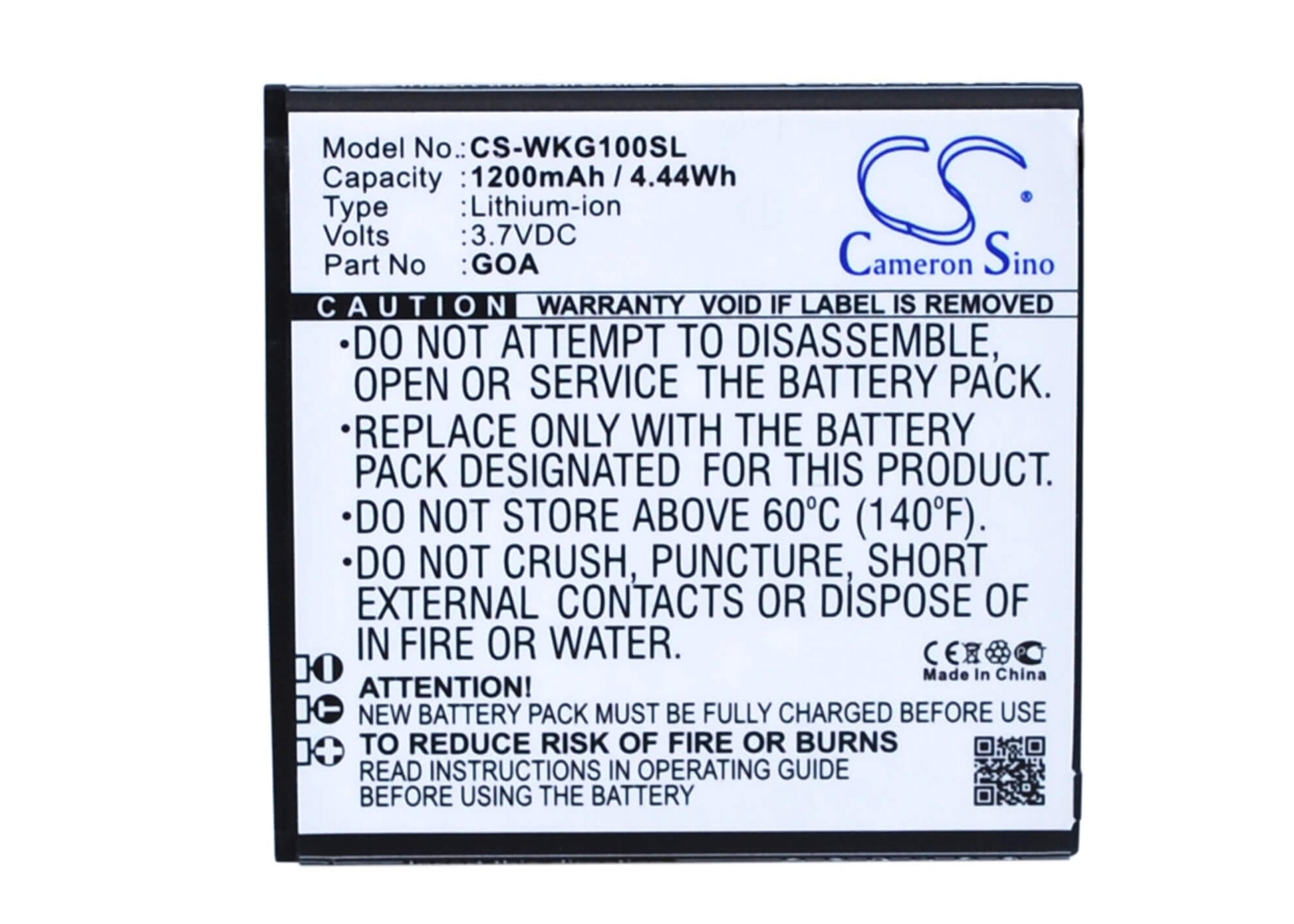 3.7V, 1200mAh, Li-ion Battery fits Wiko, 9662, Goa, 4.44Wh
