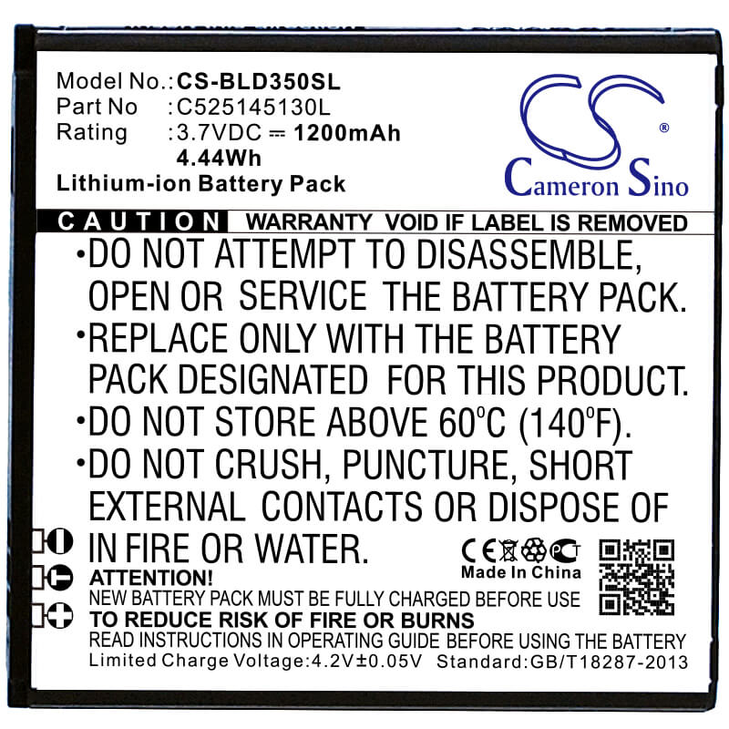 3.7V, 1200mAh, Li-ion Battery fits Blu, A010l, A010u, 4.44Wh