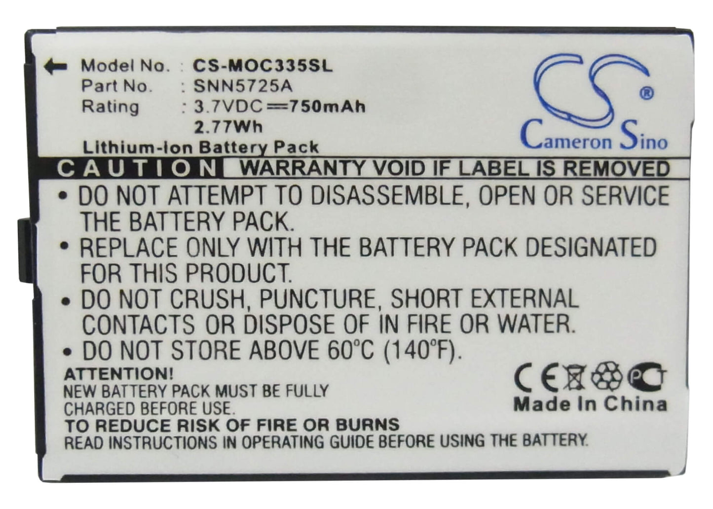 3.7V, 750mAh, Li-ion Battery fits Motorola, C300, C335, 2.775Wh